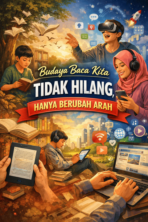 Sumber foto: Ilustrasi digital buatan AI (DALL·E / Image Generator). Ilustrasi menunjukkan budaya membaca bertransformasi dari buku ke media digital.