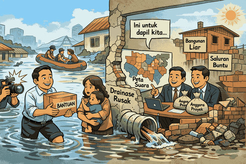Banjir, Politik Simbolik, dan Masalah yang Tak Pernah Usai (Ilustrasi dibuat AI)