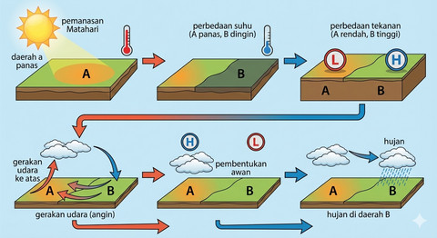 Gambar proses sirkulasi udara akibat pemanasan diferensial oleh Matahari dan dampaknya terhadap pembentukan awan dan hujan (Sumber: Google Gemini AI).