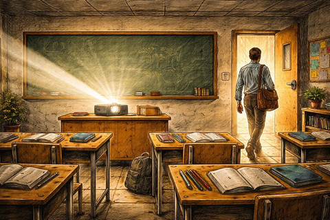 Ilustrasi jebakan PowerPoint dan seni mengajar yang hilang. Foto: Generated AI