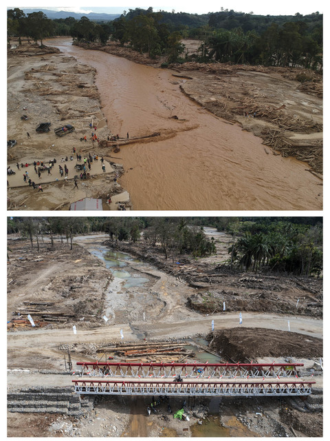 Foto kolase kondisi jalan yang putus akibat banjir bandang di Desa Garoga (atas) pada Minggu (30/11/2025) dan sekarang yang telah tersambung dan dibangun jembatan bailey (bawah) di Kecamatan Batang Toru, Tapanuli Selatan, Sumatera Utara, Kamis (29/1) Foto: ANTARA FOTO/Yudi Manar dan Indrianto Eko Suwarso