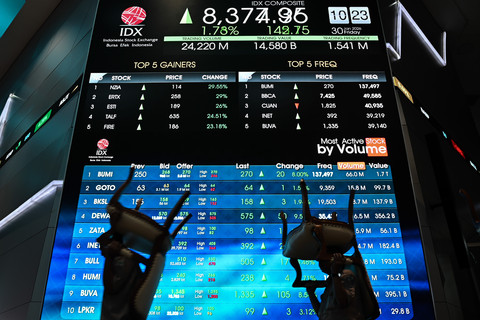 Pekerja mengangkut kursi di depan layar digital pergerakan Indeks Harga Saham Gabungan (IHSG) di Bursa Efek Indonesia, Jakarta, Jumat (30/1/2026). Foto: Sulthony Hasanuddin/ANTARA FOTO 