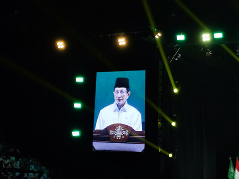 Menteri Agama (Menag) Nasaruddin Umar saat berikan sambutan pada acara puncak Harlah ke-100 NU di Istora Senayan, Jakarta pada Sabtu (31/1/2026). Foto: Luthfi Humam/kumparan