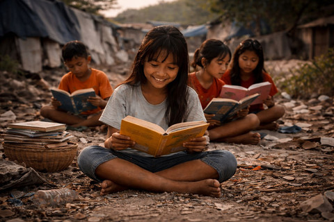 Di tengah keterbatasan lingkungan dan fasilitas, anak-anak Sekolah Rakyat tetap membaca dan belajar. Literasi menjadi sarana nyata untuk memperkuat akses pendidikan dan memperbaiki masa depan mereka. (Gambar dibuat oleh penulis dengan ChatGPT)