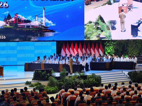 Menteri Dalam Negeri (Mendagri) Tito Karnavian memberikan sambutan pada acara Rakornas Pemerintah Pusat dan Daerah 2026 di Sentul International Convention Center (SICC) Bogor pada Senin (2/2/2026). Foto: Luthfi Humam/kumparan