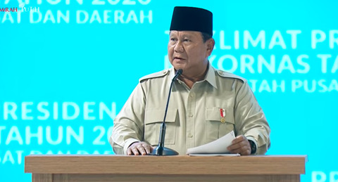 Presiden Prabowo memberikan sambutan di Rapat Koordinasi Nasional Pemerintah Pusat dan Daerah 2026. Foto: You Tube RI Kemendagri