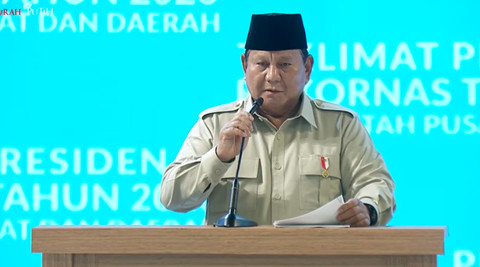 Presiden Prabowo memberikan sambutan di Rapat Koordinasi Nasional Pemerintah Pusat dan Daerah 2026. Foto: You Tube RI Kemendagri