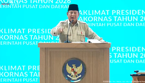 Presiden Prabowo Subianto memberikan sambutan di Rakornas Pemerintah Pusat dan Daerah Tahun 2026. Foto: You Tube Kemendagri RI