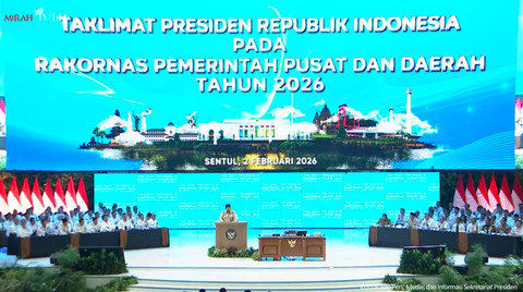 Presiden Prabowo Subianto memberikan sambutan di Rakornas Pemerintah Pusat dan Daerah Tahun 2026. Foto: You Tube Kemendagri RI
