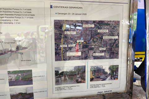 Papan informasi proyek Pembangunan Sistem Tata Air Pompa Daan Mogot, Cengkareng, Jakarta Barat, Selasa (3/2/2026). Foto: Jeni Ritanti/kumparan