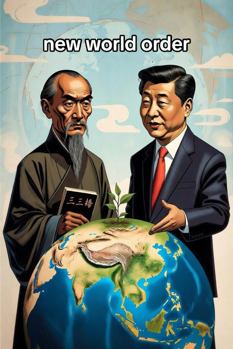 ilustrasi Sun Yat Sen dan Xi Jinping bercakap-cakap tentang ide kemakmuran bersama (dibuat dengan Grok AI)