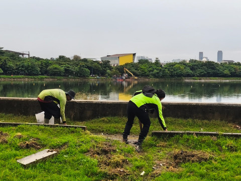 Penanaman pohon dalam rangka Korvei Serentak TNI-Polri dan Pemprov DKI Jakarta, di Waduk Cincin, Danau Sunter, Jakarta Utara, Minggu (8/2/2026). Foto: Jeni Ritanti/kumparan