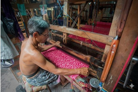 Perajin tenun bandar, Kediri. Menenun adalah meditasi harian yang menolak ketergesaan. Di balik bunyi ritmis thak-thek kayu, ada sepasang tangan yang sedang menyusun ribuan persilangan benang menjadi sehelai kain. Ilustrasi: AI