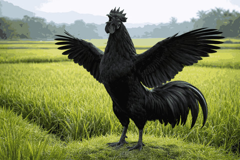 Ayam cemani di desa-desa Jawa, namanya bergaung sebagai hewan sakral. Di pasar global, ia dikenal sebagai ayam eksotik bernilai tinggi. Foto: ChatGPT