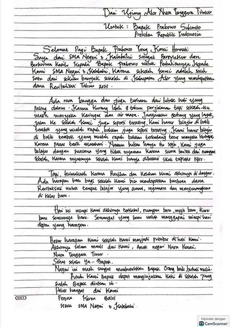 Surat seorang siswi SMA Negeri 3 Kalabahi, Kabupaten Alor, Nusa Tenggara Timur (NTT). Foto: Dok. Bakom RI