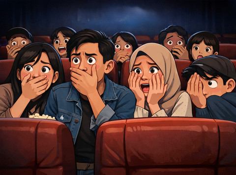 Ilustrasi ekspresi penonton saat menyaksikan film horor. Foto: Gemini AI