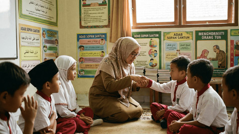 Guru menanamkan adab sopan santun kepada siswa di kelas, menegaskan peran keteladanan manusia yang tidak dapat digantikan oleh AI. Foto: Generated by AI