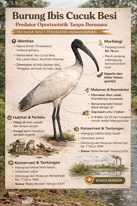 Infografik Burung Ibis Cucuk Besi. Foto: ChatGPT Image.