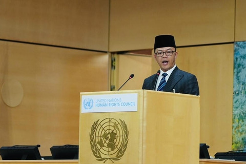 Menteri Luar Negeri Sugiono menyampaikan pernyataan nasional pada High-Level Segment Sidang Dewan HAM PBB Sesi ke-61 di Jenewa, Swiss (23/2/2026). Foto: Kemlu RI