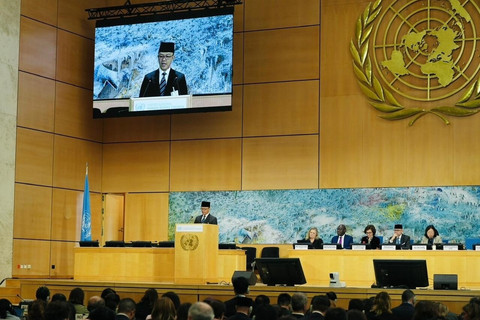 Menteri Luar Negeri Sugiono menyampaikan pernyataan nasional pada High-Level Segment Sidang Dewan HAM PBB Sesi ke-61 di Jenewa, Swiss (23/2/2026). Foto: Kemlu RI