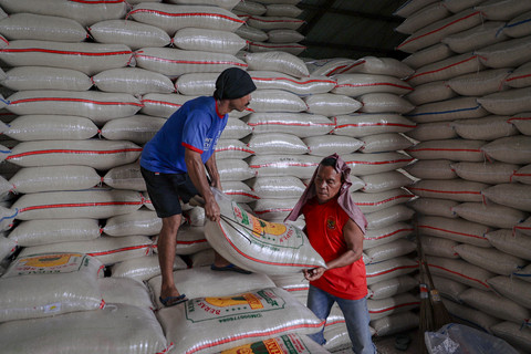 Kuli panggul mengangkut karung beras seberat 50 kilogram saat memuatnya ke mobil di komplek pergudangan Food Station Tjipinang Jaya, Jakarta Timur, Jumat (27/2/2025). Foto: Jamal Ramadhan/kumparan