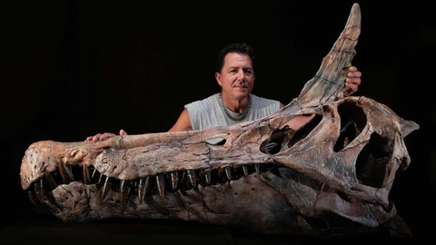 Paleontolog Paul Sereno bersama tengkorak Spinosaurus mirabilis yang telah direkonstruksi. Foto: Keith Ladzinski/University of Chicago