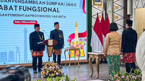Gubernur DKI Jakarta Pramono Anung saat pelantikan dan pengambilan sumpah jabatan fungsional lingkungan Pemprov DKI Jakarta di Balai Kota, Jakarta Pusat, Rabu (4/3). Foto: Nasywa Athifah/kumparan