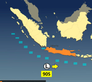 Bibit siklon tropis 90S berdampak pada Jawa-Bali (warna oranye), 4 Maret 2026. Foto: Dok. BMKG