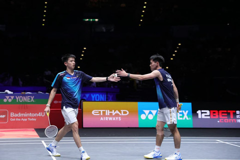 Ganda putra Indonesia Raymond dan Joaquin di semifinal All England 2026. Foto: PBSI