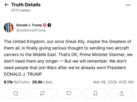 Postingan Presiden AS Donald Trump mengklaim kemenangan atas konflik dengan Iran, menyinggung keterlambatan bantuan PM Inggris. Foto: Dok. Truth Social