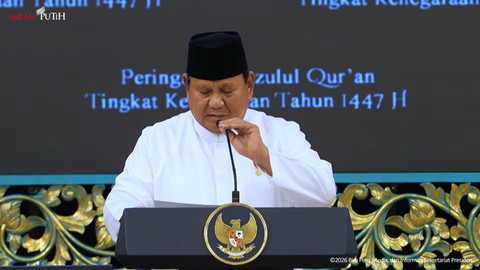 Presiden Prabowo Subianto memberikan sambutan saat menghadiri Peringatan Nuzulul Qur'an di Istana Negara, Jakarta, Selasa (10/3/2026). Foto: Youtube/Sekretariat Presiden
