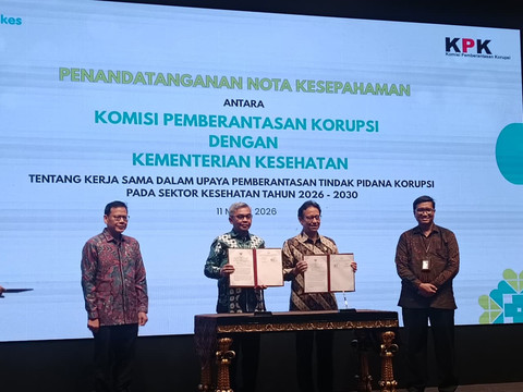 Kemenkes bersama KPK melakukan penandatanganan nota kesepahaman dalam upaya memberantas korupsi dalam sektor kesehatan di Kantor Kemenkes, Jakarta Selatan pada Rabu (11/3/2026). Foto: Ryan Iqbal/kumparan