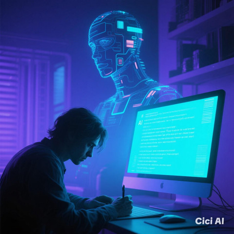 Ilustrasi manusia di depan layar komputer yang tampak sedih di kala menulis. Serentak, layar komputer memancarkan cahaya futuristik dengan teks-teks yang dihasilkan oleh AI. Foto: Generated by AI