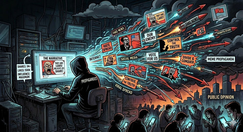 Ilustrasi meme sebagai alat propaganda di era digital. Foto: Generated by AI