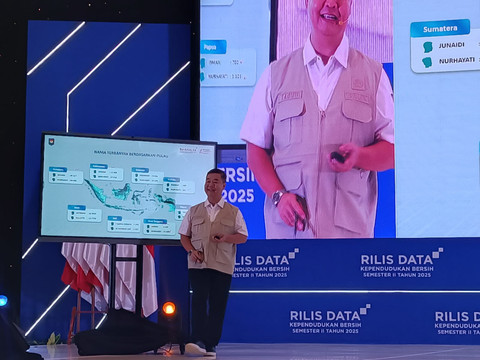 Ditjen Dukcapil, Teguh Setyabudi saat menyampaikan paparan dalam 'Rilis Data Kependudukan Bersih Semester 2 Tahun 2025' di Hotel Bidakara, Jakarta Selatan pada Kamis (12/3/2026). Foto: Ryan Iqbal/kumparan