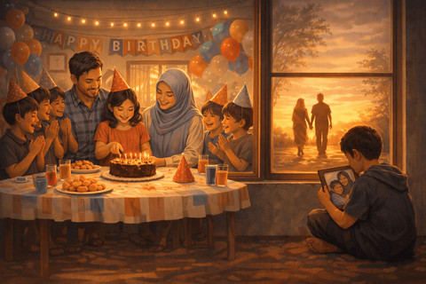 Hangatnya ulang tahun berbagi tawa, di sudut lain tersimpan rindu akan keluarga. Foto: Gemini AI
