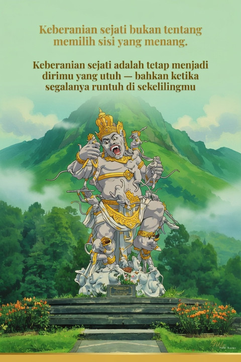 Ilistrasi animasi dari patung Kumbakarna Wanara di Bali Botanical Park. Foto: Grok AI