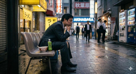 Ilustrasi Seorang pekerja duduk termenung di bangku pinggir jalan di kawasan kota Jepang setelah hari kerja yang panjang, menggambarkan tekanan kehidupan urban dan budaya kerja yang sering kali menuntut manusia melampaui batas kemampuannya. Foto: Gemini AI