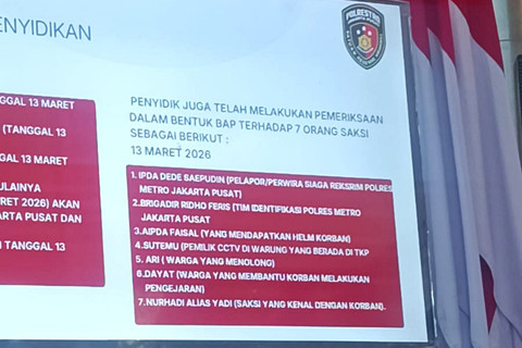 7 saksi yang telah diperiksa pihak kepolisian atas kasus penyiraman air keras terhadap Andrie Yunus yang ditampilkan di Polda Metro Jaya, Senin (16/3). Foto: Ryan Iqbal/kumparan