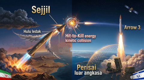 Ilustrasi Rudal Sejjil dijuluki sebagai "rudal menari" untuk mengecoh Arrow 3. Foto: Generated by AI