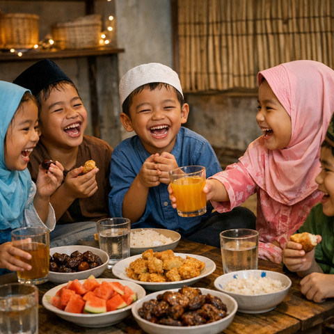 Ilustrasi anak-anak sedang berbuka puasa. Foto: Copilot AI