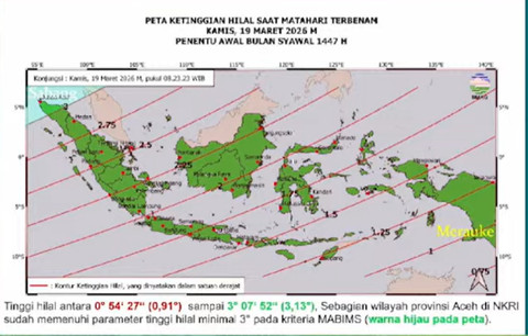 Peta ketinggian Hilal tanggal 19 Maret 2026 untuk pengamat di Indonesia. Foto: Dok. BMKG