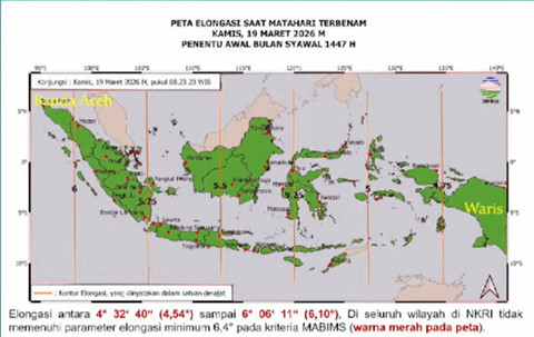 Peta elongasi geosentris tanggal 19 Maret 2026 untuk pengamat di Indonesia. Foto: Dok. BMKG