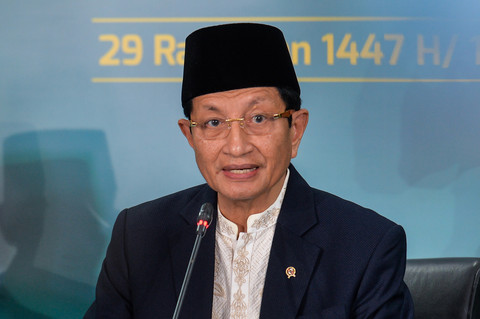 Menteri Agama Nasaruddin Umar menyampaikan konferensi pers hasil Sidang Isbat 1 Syawal 1447 Hijriah di Jakarta, Kamis (19/3/2026). Foto: Putra M. Akbar/ANTARA FOTO 