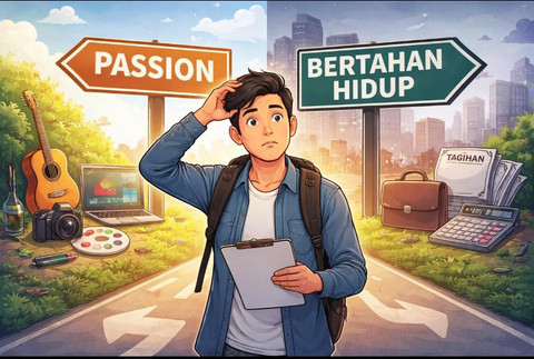 Ilustrasi ini menampilkan seorang pemuda yang berdiri di persimpangan jalan, tampak bingung memilih antara dua arah: 