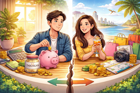Ilustrasi ini menampilkan seseorang yang berada di antara dua pilihan: menabung untuk masa depan dan menikmati hidup saat ini. Visual tersebut menggambarkan dilema finansial generasi muda dalam menentukan prioritas antara kebutuhan dan keinginan. Gambar ini dihasilkan oleh Gemini AI.