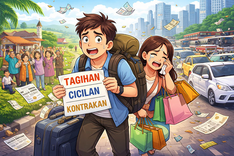 Mudik sebagai peristiwa sosial raksasa dan perhatian publik sering berhenti di momen keberangkatan. Padahal, cerita yang lebih kompleks justru dimulai saat kembali. Foto: ChatGPT Image.