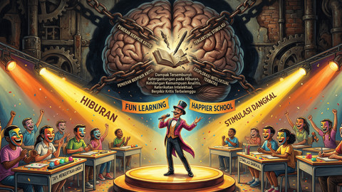 Ilustrasi metaforis ruang kelas berubah menjadi panggung hiburan (Sumber: Generated by AI)