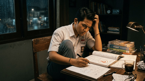 Seorang siswa duduk sendiri di meja belajar dengan wajah fokus dan sedikit frustrasi (Sumber: Generated by AI)