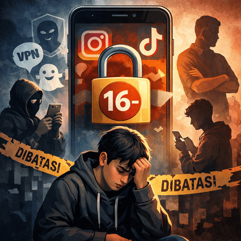 Ilustrasi remaja yang terkena pembatasan usia untuk penggunaan sosial media (Generated by AI).